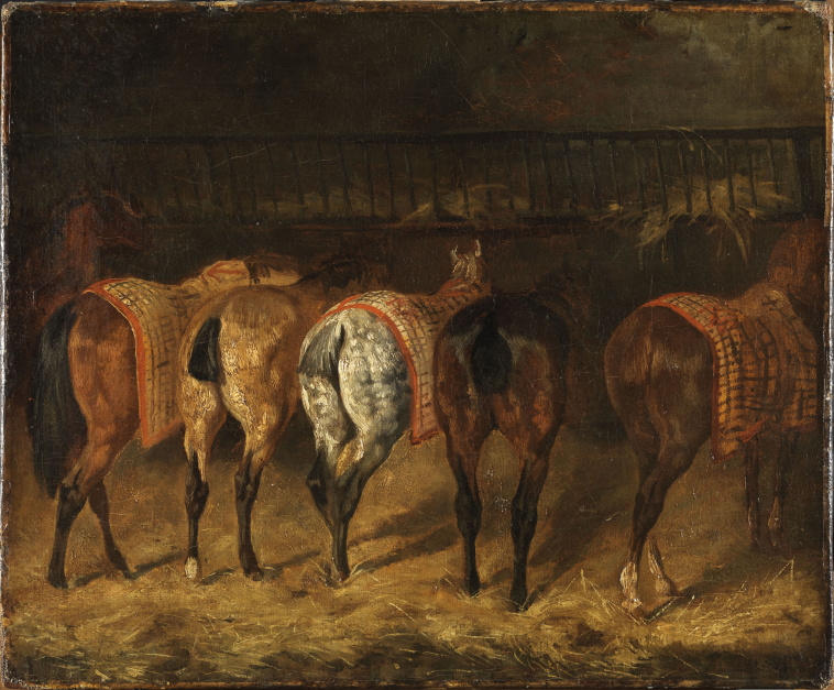 Image de l'oeuvre Cinq chevaux vus par la croupe, dans une écurie de Jean Louis Théodore Géricault
