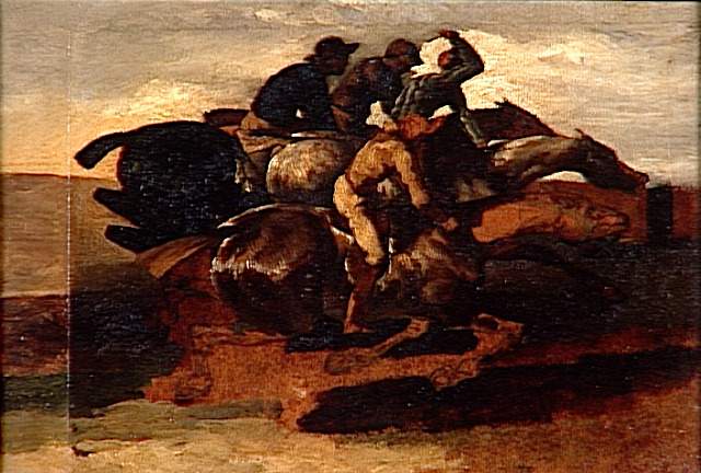 Image de l'oeuvre Quatre jockeys sur des chevaux lancés à toute vitesse de Jean Louis Théodore Géricault