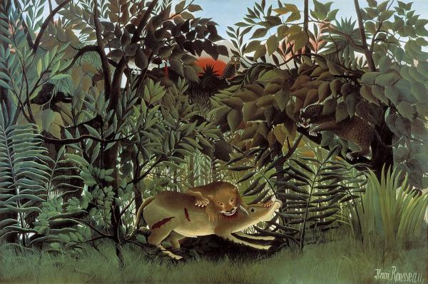 Image de l'œuvre Le lion affamé réalisée par l'artiste Henri Rousseau. L'œuvre est exposée à Kunstmuseum Basel (Bâle, Suisse).