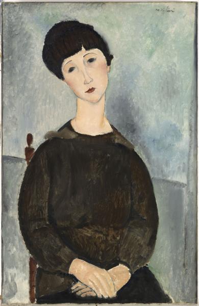 Image de l'œuvre La Chevelure noire, dit aussi Jeune fille brune, assise réalisée par l'artiste Modigliani. L'œuvre est exposée à Paris, musée national Picasso - Paris.