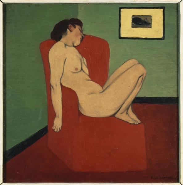 Image de l'œuvre Femme nue assise dans un fauteuil rouge réalisée par l'artiste Félix Vallotton. L'œuvre est exposée à un musée.