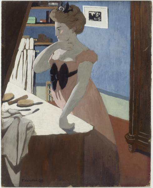 Image de l'œuvre Misia à sa coiffeuse réalisée par l'artiste Félix Vallotton. L'œuvre est exposée à un musée.