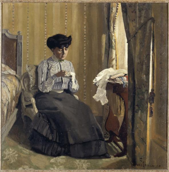 Image de l'œuvre Femme cousant dans un intérieur réalisée par l'artiste Félix Vallotton. L'œuvre est exposée à un musée.
