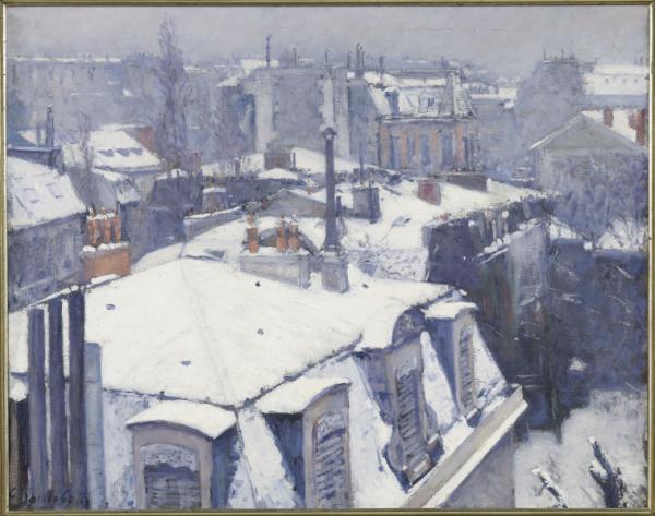 Image de l'œuvre Vue de toits (Effet de neige), dit Toits sous la neige réalisée par l'artiste Gustave Caillebotte. L'œuvre est exposée à Musée d'Orsay (Paris, France).