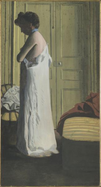 Image de l'œuvre Nu dans un intérieur, femme retirant sa chemise réalisée par l'artiste Félix Vallotton. L'œuvre est exposée à Musée d'Orsay (Paris, France).