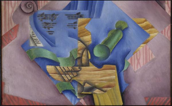 Image de l'œuvre Violon et verre : Nature morte réalisée par l'artiste Juan Gris. L'œuvre est exposée à un musée.
