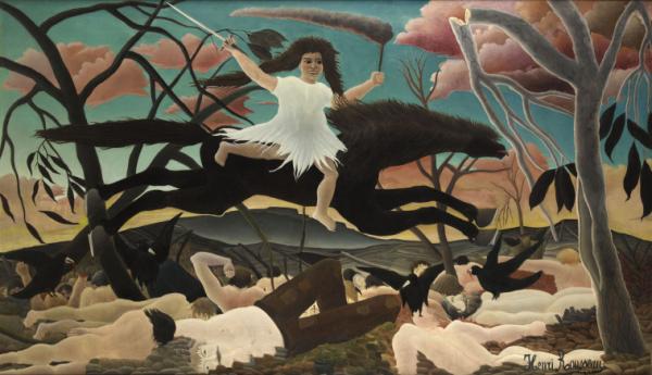 Image de l'œuvre La Guerre ou la chevauchée de la discorde réalisée par l'artiste Henri Rousseau. L'œuvre est exposée à un musée.