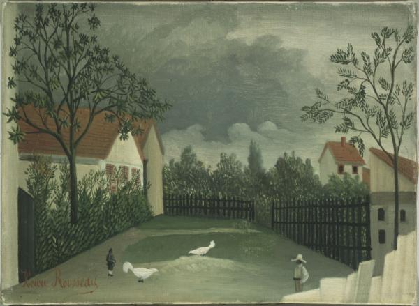 Image de l'œuvre La basse-cour réalisée par l'artiste Henri Rousseau. L'œuvre est exposée à Le Centre Pompidou (Paris, France).