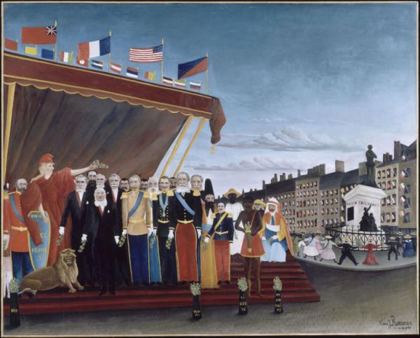 Image de l'œuvre Les représentants des puissances étrangères venant saluer la République en signe de paix réalisée par l'artiste Henri Rousseau. L'œuvre est exposée à Paris, musée national Picasso - Paris.