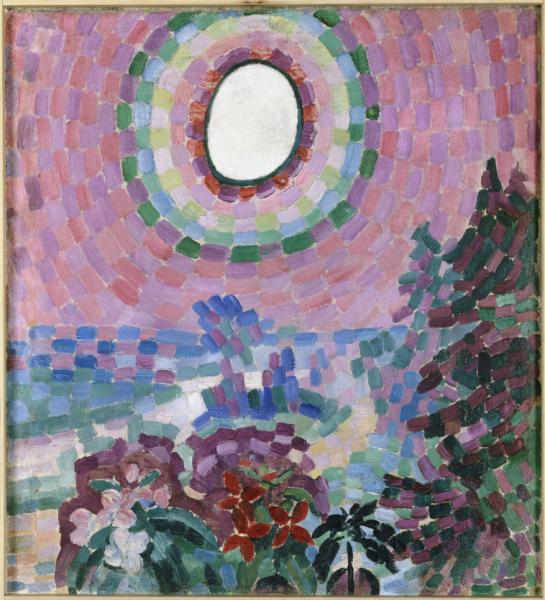Image de l'œuvre Paysage au disque réalisée par l'artiste Robert Delaunay. L'œuvre est exposée à un musée.
