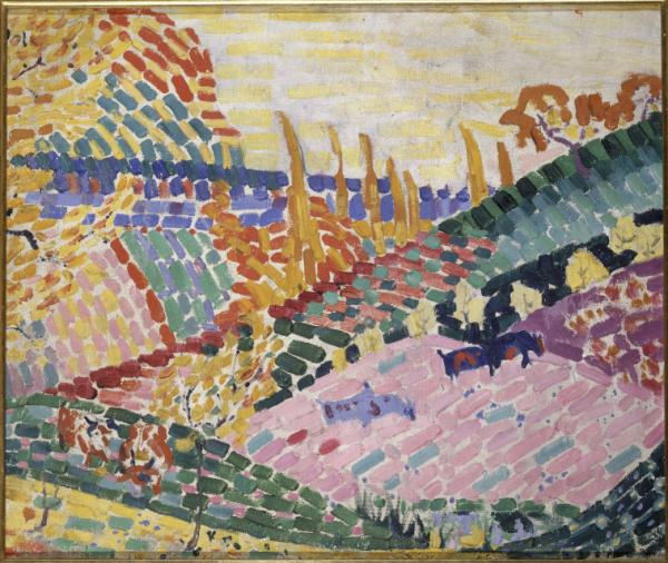 Image de l'œuvre Paysage aux vaches réalisée par l'artiste Robert Delaunay. L'œuvre est exposée à Musée d'Art moderne de Paris. (Paris, France).