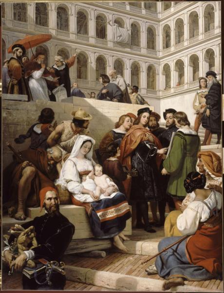 Image de l'œuvre Raphaël au Vatican (dans la cour de Saint Damase) réalisée par l'artiste Horace Vernet. L'œuvre est exposée à Louvre (Paris, France).