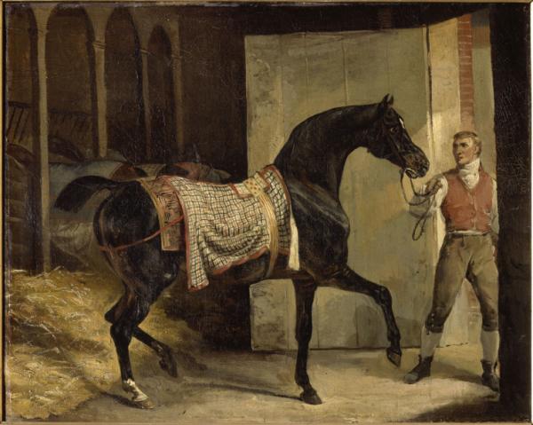 Image de l'œuvre Cheval noir sortant de l'écurie réalisée par l'artiste Horace Vernet. L'œuvre est exposée à un musée.