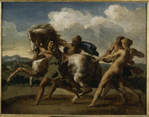 Image de l'œuvre Cheval arrêté par des esclaves réalisée par l'artiste Jean Louis Théodore Géricault. L'œuvre est exposée à Musée des Beaux-Arts de Rouen (Rouen, France).