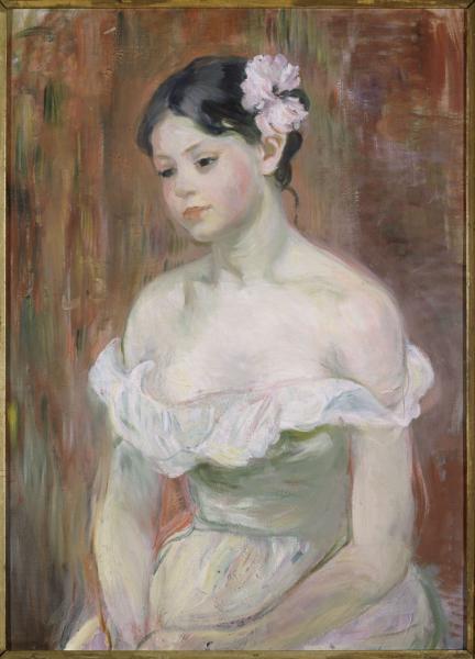 Image de l'œuvre Jeune fille en décolleté - la fleur aux cheveux réalisée par l'artiste Berthe Morisot. L'œuvre est exposée à un musée.