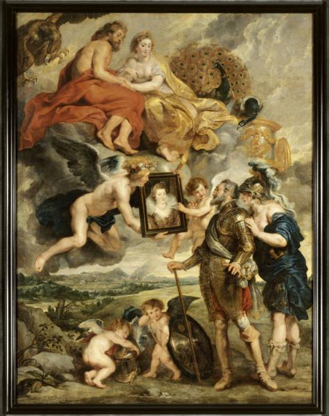 Image de l'œuvre Henri IV reçoit le portrait de Marie de Médicis réalisée par l'artiste Pierre Paul Rubens. L'œuvre est exposée à Louvre (Paris, France).