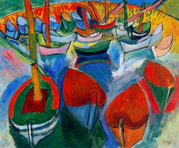 Image de l'œuvre Bateaux à Martigues réalisée par l'artiste Raoul Dufy. L'œuvre est exposée à un musée.