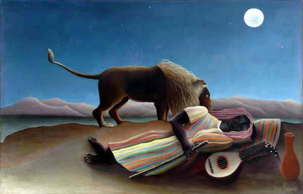 Image de l'œuvre La Bohémienne endormie réalisée par l'artiste Henri Rousseau. L'œuvre est exposée à MoMA (New York, États-Unis).