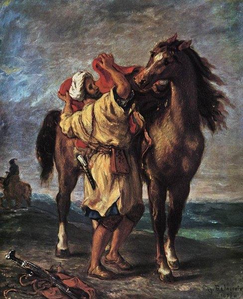 Image de l'œuvre Cavalier arabe sellant son cheval réalisée par l'artiste Eugène Delacroix. L'œuvre est exposée à L'Hermitage (Sankt-Peterburg, Russie).