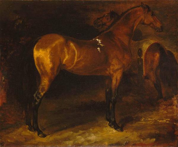 Image de l'œuvre Cheval espagnol dans une écurie réalisée par l'artiste Jean Louis Théodore Géricault. L'œuvre est exposée à Louvre (Paris, France).