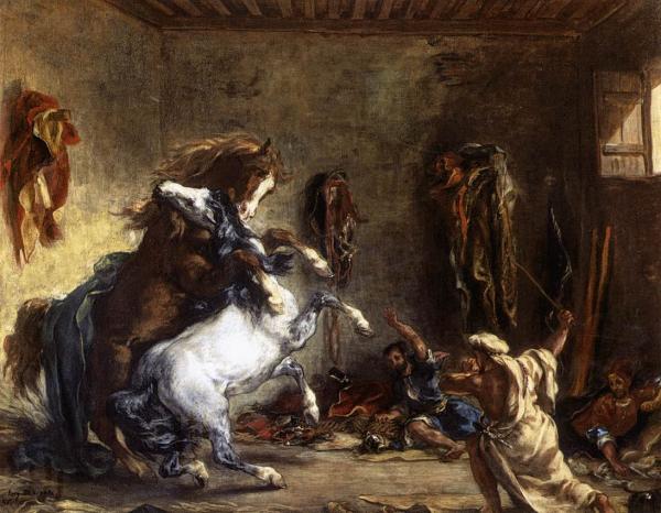 Image de l'œuvre Chevaux arabes se battant dans une écurie réalisée par l'artiste Eugène Delacroix. L'œuvre est exposée à Louvre (Paris, France).