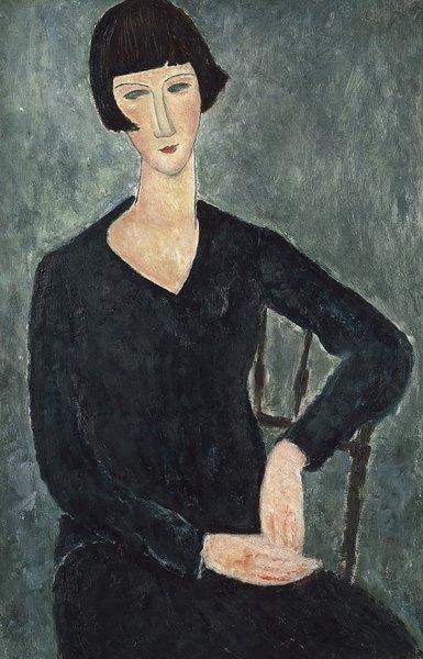 Image de l'œuvre Femme assise à la robe bleue réalisée par l'artiste Modigliani. L'œuvre est exposée à Moderna Museet, Stockholm (Stockholm, Suède).