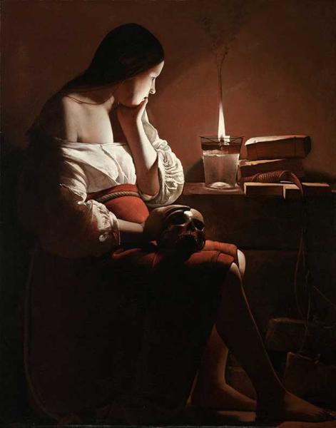 Image de l'œuvre La Madeleine pénitente réalisée par l'artiste Georges de la Tour. L'œuvre est exposée à un musée.
