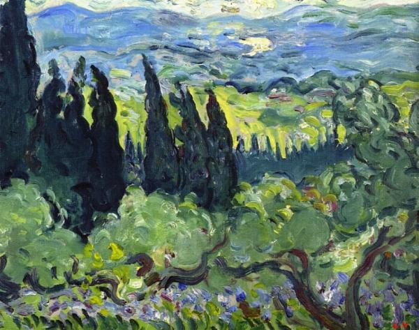 Image de l'œuvre Paysage italien, les cyprès réalisée par l'artiste Louis Valtat. L'œuvre est exposée à Collection privée.