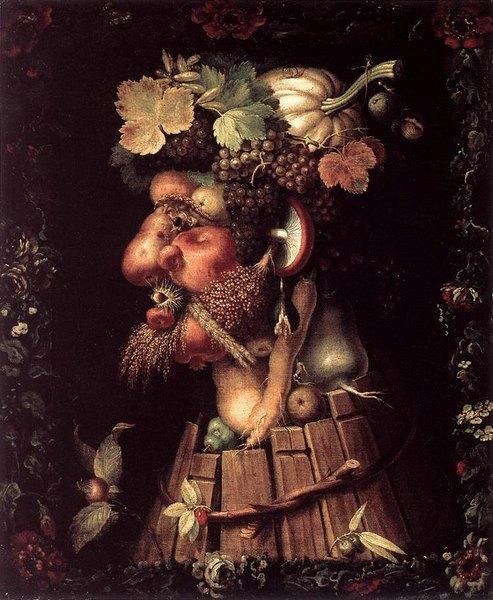 Image de l'œuvre L'Automne réalisée par l'artiste Giuseppe Arcimboldo. L'œuvre est exposée à Louvre (Paris, France).