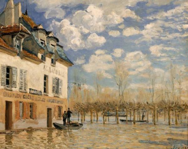 Image de l'œuvre La barque pendant l'inondation, Port Marly réalisée par l'artiste Alfred Sisley. L'œuvre est exposée à Musée d'Orsay (Paris, France).