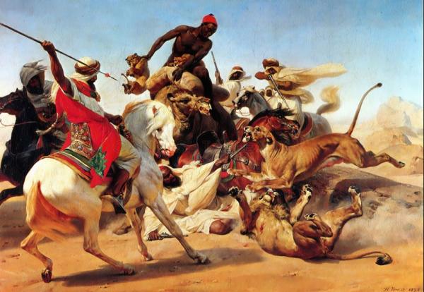 Image de l'œuvre La chasse au lion réalisée par l'artiste Horace Vernet. L'œuvre est exposée à Collection privée.