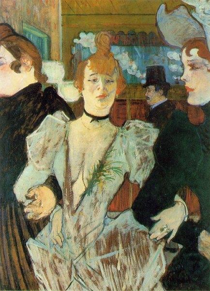 Image de l'œuvre La Goulue arrivant au Moulin Rouge réalisée par l'artiste Henri De Toulouse Lautrec. L'œuvre est exposée à Metropolitan Museum of Art (New York, États-Unis).