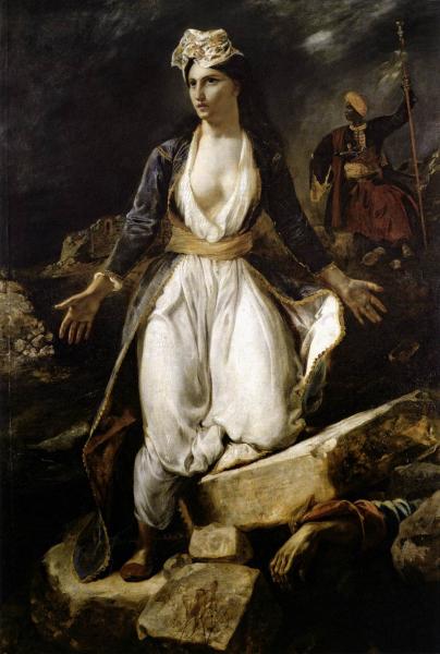 Image de l'œuvre La Grèce sur les ruines de Missolonghi réalisée par l'artiste Eugène Delacroix. L'œuvre est exposée à Musée d'Orsay (Paris, France).