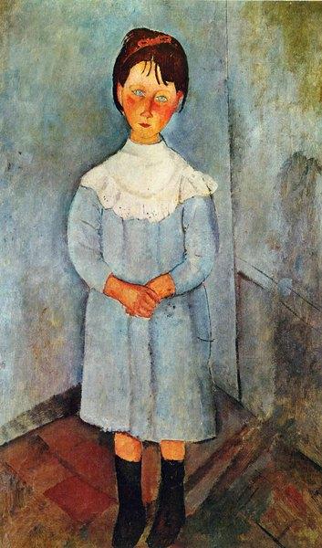 Image de l'œuvre La petite fille en bleu réalisée par l'artiste Modigliani. L'œuvre est exposée à Collection privée.