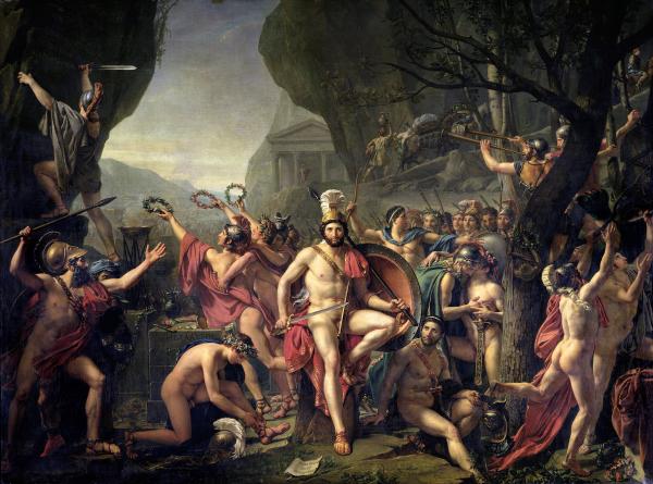 Image de l'œuvre Léonidas aux Thermopyles réalisée par l'artiste David. L'œuvre est exposée à Louvre (Paris, France).