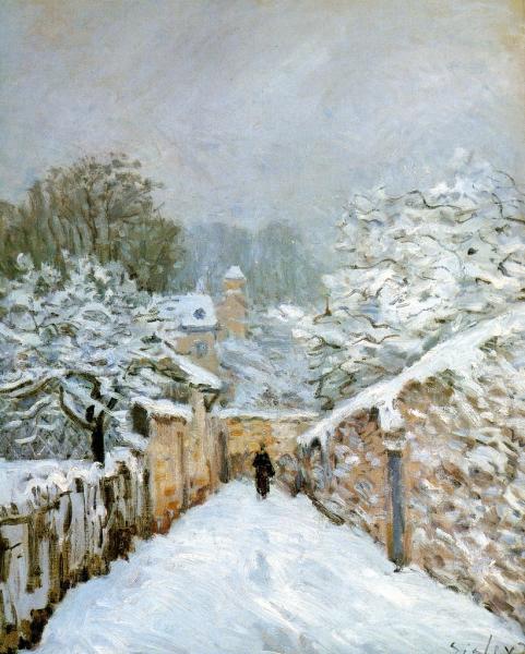 Image de l'œuvre La neige à Louveciennes (Yvelines) réalisée par l'artiste Alfred Sisley. L'œuvre est exposée à Musée d'Orsay (Paris, France).