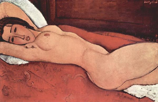 Image de l'œuvre Nu étendu sur coussin rouge réalisée par l'artiste Modigliani. L'œuvre est exposée à Collection Gianni Mattioli (Milan, Italie).