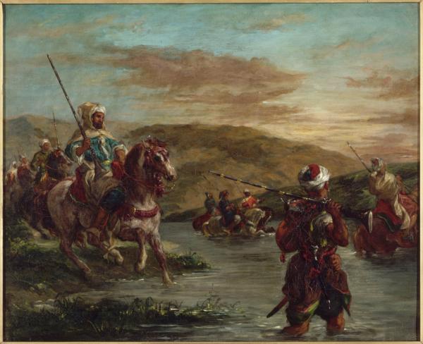 Image de l'œuvre Passage d'un gué au Maroc réalisée par l'artiste Eugène Delacroix. L'œuvre est exposée à Musée d'Orsay (Paris, France).