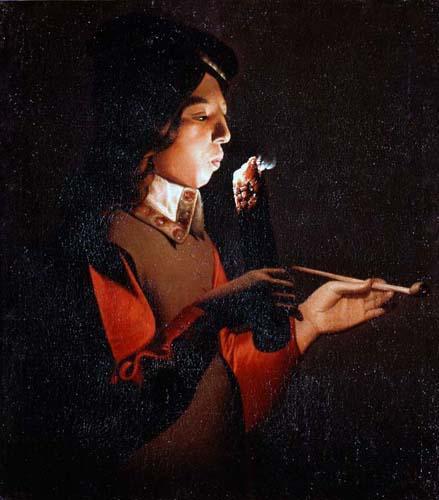 Image de l'œuvre Le souffleur à la pipe réalisée par l'artiste Georges de la Tour. L'œuvre est exposée à Tokyo Fuji Art Museum, Tokyo, Japan.