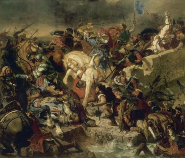 Image de l'œuvre La Bataille de Taillebourg, 21 juillet 1242 réalisée par l'artiste Eugène Delacroix. L'œuvre est exposée à Château de Versailles (Versailles, France).