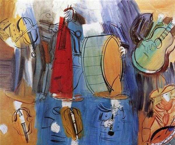 Image de l'œuvre Les musiciens mexicains réalisée par l'artiste Raoul Dufy. L'œuvre est exposée à un musée.
