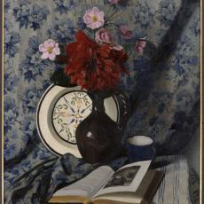 Dahlias rouges et livre ouvert de Félix Vallotton