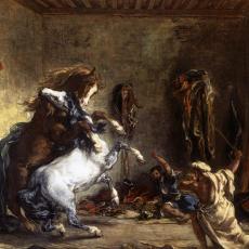 Chevaux arabes se battant dans une écurie de Eugène Delacroix