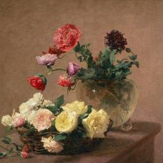 Pivoines dans un vase de cristal ou panier de roses de Fantin-Latour