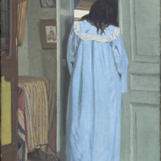 Intérieur, femme en bleu fouillant dans une armoire de Félix Vallotton