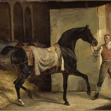 Cheval noir sortant de l'écurie de Horace Vernet