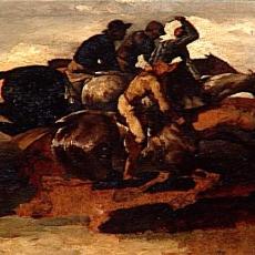 Quatre jockeys sur des chevaux lancés à toute vitesse de Jean Louis Théodore Géricault